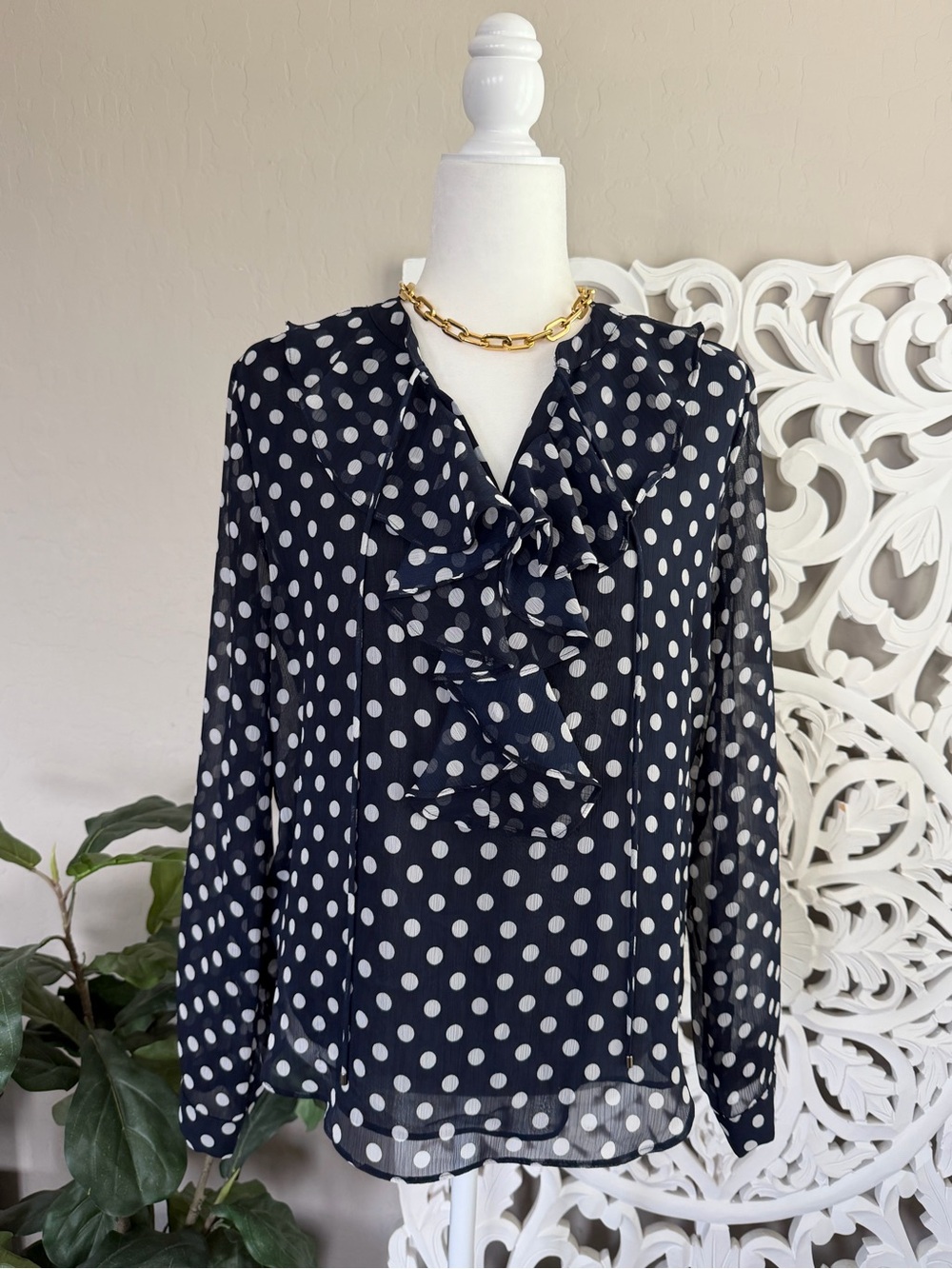 Tommy Hilfiger Navy Polka Dot Ruffle Front Blouse